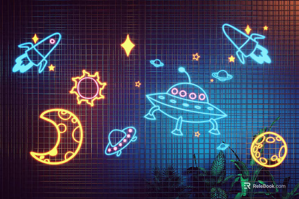 Decorative Lights With Rocket Stars Sun Moon UFO Planets On Grid Background And Plants 3d model 
