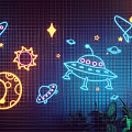 Decorative Lights With Rocket Stars Sun Moon UFO Planets On Grid Background And Plants
