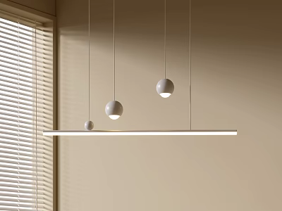 Minimalist Interior Pendant Light With Beige Wall Window Blinds Spherical Bulbs And Long Strip Design 3d model