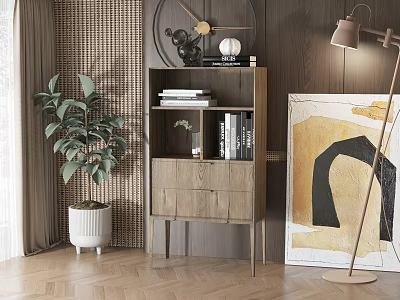 Modern Wooden Bookshelf With Minimalist Design Potted Plant Artwork And Floor Lamp 3d model