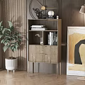 Modern Wooden Bookshelf With Minimalist Design Potted Plant Artwork And Floor Lamp