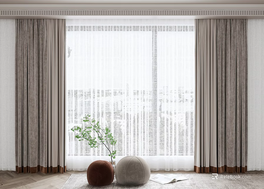 Modern Gray Curtains With Sheer White Panels Green Plant And Brown Gray Decorative Balls 3d model 