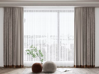 Modern Gray Curtains With Sheer White Panels Green Plant And Brown Gray Decorative Balls 3d model