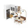 Modern White Kitchen Cabinets In Open Layout With Counter Sink Dining Table And Chairs 3d model