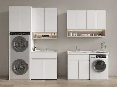 Modern White Bathroom Cabinetry Featuring Washing Machine Sink And Storage Shelves 3d model