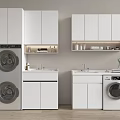 Modern White Bathroom Cabinetry Featuring Washing Machine Sink And Storage Shelves