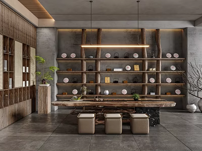 Elegant Tea Room Interior With Wooden Shelves Tea Sets Long Table Stools And Hanging Lights 3d model