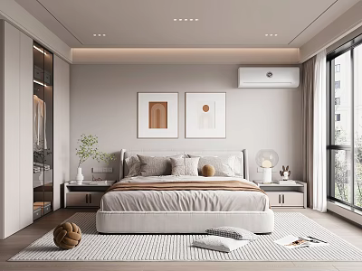 Modern Bedroom Interior With Platform Bed Nightstands Framed Artworks Potted Plant And Wooden Floor 3d model