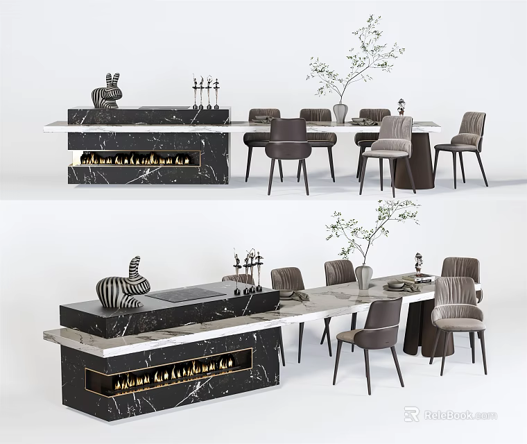 Luxury Modern Dining Set With Marble Table And Upholstered Chairs For Kitchen 3d model