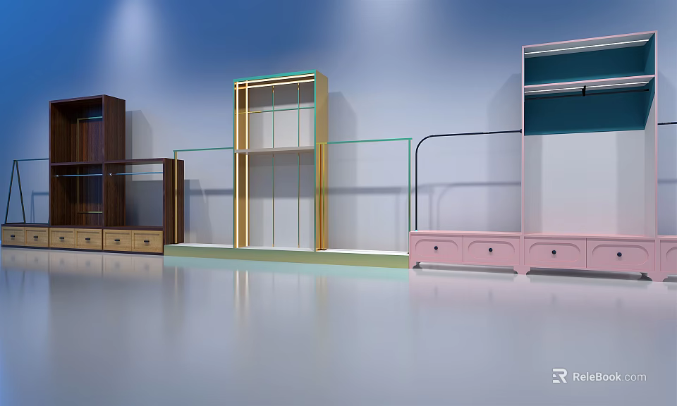 Display Shelves with Wooden Metal Frame Glass Door and Pink Accent Units 3d model 