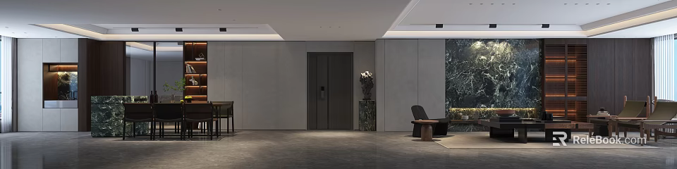 Modern Living Dining Room Interior With Sofa Chair Dining Table Decorative Sculpture And Gray Walls 3d model 