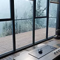 Scenic Teahouse Interior With Large Windows Forest View Wooden Floor Tea Table Teapot And Teacups