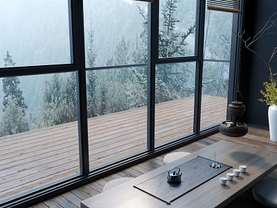 Scenic Teahouse Interior With Large Windows Forest View Wooden Floor Tea Table Teapot And Teacups 3d model