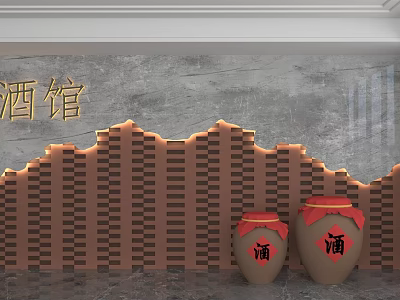 Antique Pub Background Wall With Brick Texture Red Wine Jars And Lighting 3d model