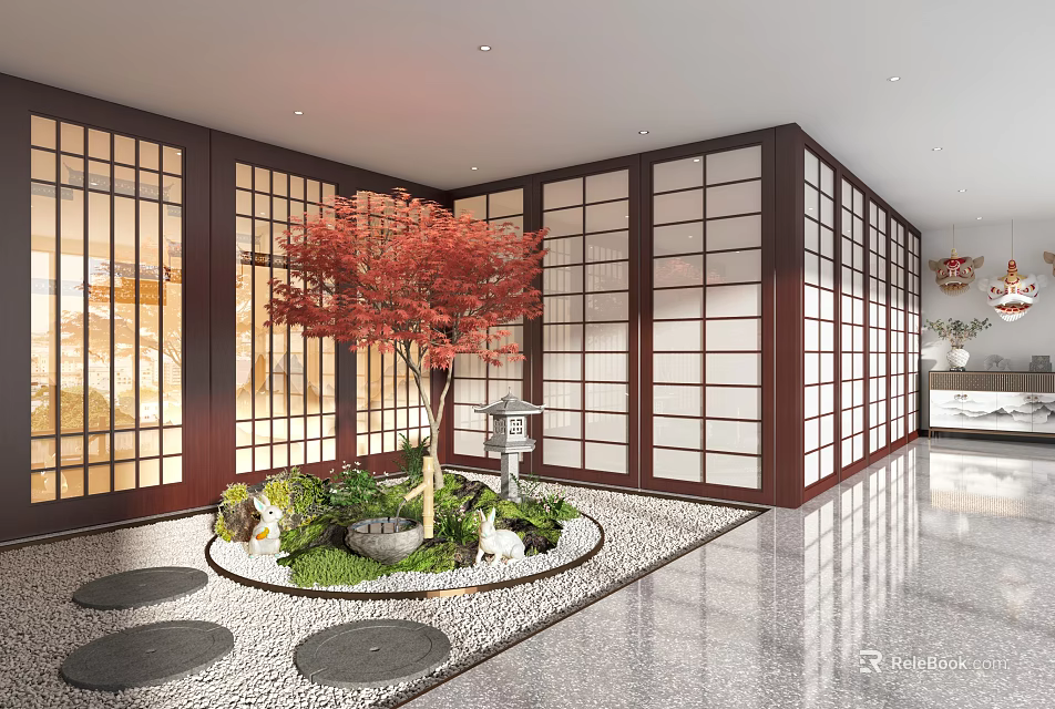Japanese Style Indoor Garden Feature With Red Maple Tree Green Plants And Stone Lantern 3d model 