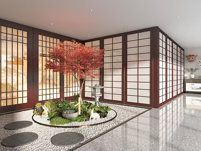 Japanese Style Indoor Garden Feature With Red Maple Tree Green Plants And Stone Lantern 3d model