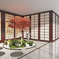 Japanese Style Indoor Garden Feature With Red Maple Tree Green Plants And Stone Lantern