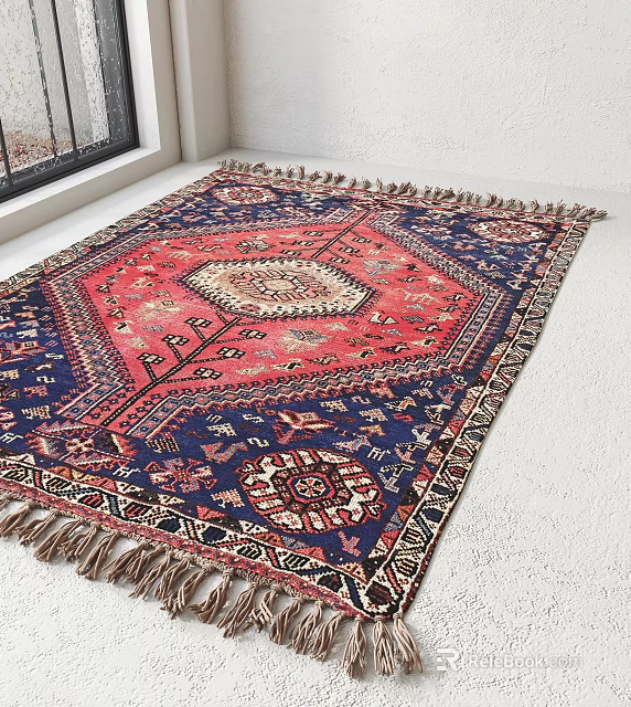 Traditional Square Rug With Intricate Red And Blue Patterns And Tassel Edges 3d model 
