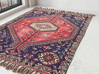 Traditional Square Rug With Intricate Red And Blue Patterns And Tassel Edges 3d model