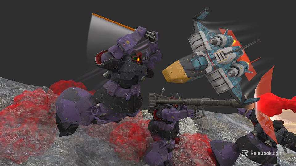 Purple Mecha Giant Weapon With Flying Vehicle In Red Rocks Gray Terrain 3d model 