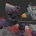 Purple Mecha Giant Weapon With Flying Vehicle In Red Rocks Gray Terrain