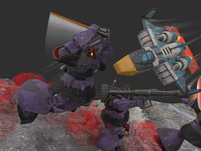 Purple Mecha Giant Weapon With Flying Vehicle In Red Rocks Gray Terrain 3d model