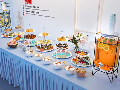 Restaurant Buffet Table With Assorted Desserts Fresh Drinks And Flower Arrangement 3d model