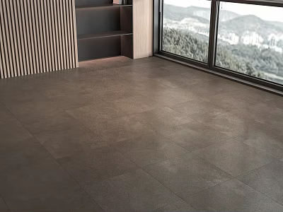 Gray Floor Interior With Large Window And Mountain View Striped Wall Panel And Shelving Unit 3d model