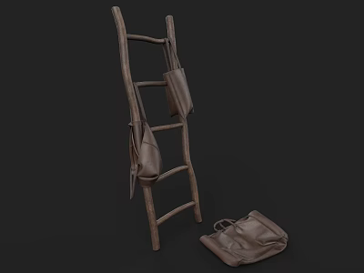 Rustic Wooden Ladder With Hanging Leather Bags For Daily Home Use 3d model