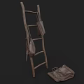 Rustic Wooden Ladder With Hanging Leather Bags For Daily Home Use