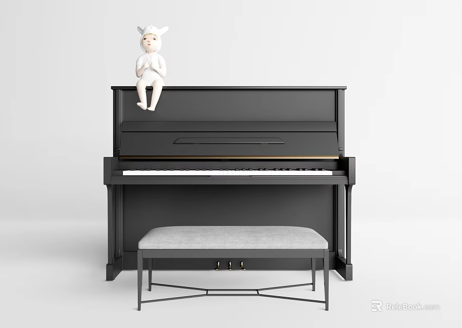 Black Upright Piano With Gray Bench And White Doll Musical Instrument Furniture Decor 3d model 