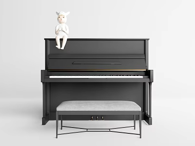 Black Upright Piano With Gray Bench And White Doll Musical Instrument Furniture Decor 3d model