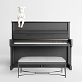 Black Upright Piano With Gray Bench And White Doll Musical Instrument Furniture Decor