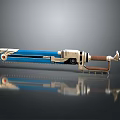 Blue And White Chainsaw With Wooden Handle Metallic Parts Stylish Modern Weapon Design