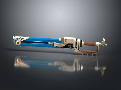 Blue And White Chainsaw With Wooden Handle Metallic Parts Stylish Modern Weapon Design 3d model