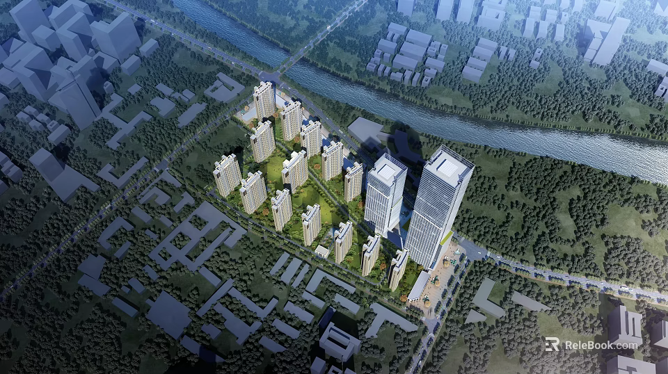 Aerial Planning of Modern Urban High Rise Buildings with Green Spaces and River 3d model 