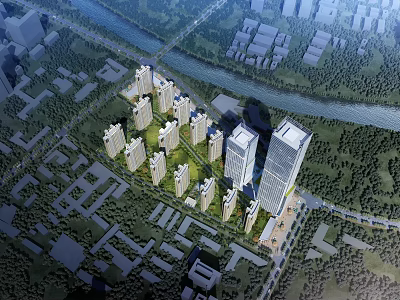 Aerial Planning of Modern Urban High Rise Buildings with Green Spaces and River 3d model
