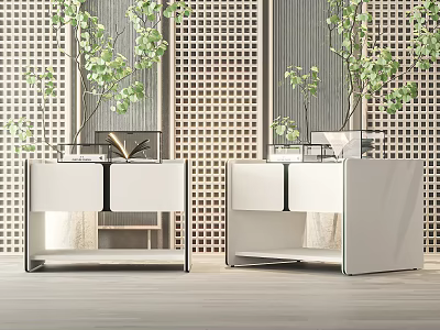 Modern White Bedside Tables With Sleek Design Books And Green Plants Decor 3d model