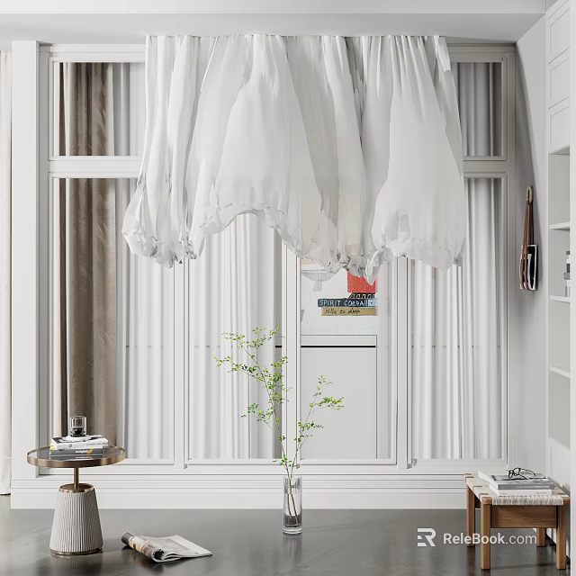 Bright Floor-to-Ceiling Window Interior Design With White Curtains Green Plant And Natural Light 3d model 