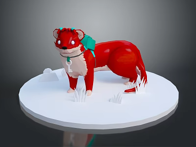 Red Furred Creature Character With Green Accessory Standing On White Platform And Grass 3d model