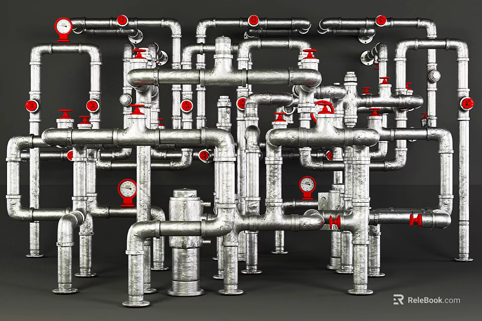 Industrial Metal Pipes System With Complex Interconnected Layout Red Valves And Pressure Gauges 3d model