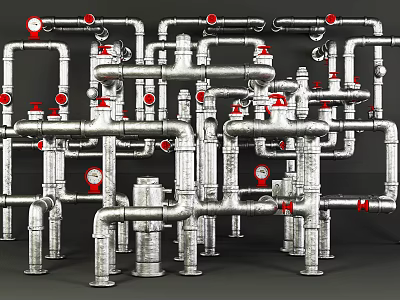Industrial Metal Pipes System With Complex Interconnected Layout Red Valves And Pressure Gauges 3d model