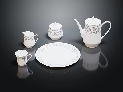 Elegant White Porcelain Tea Set With Teapot Cups Milk Jug Sugar Bowl And Plate 3d model