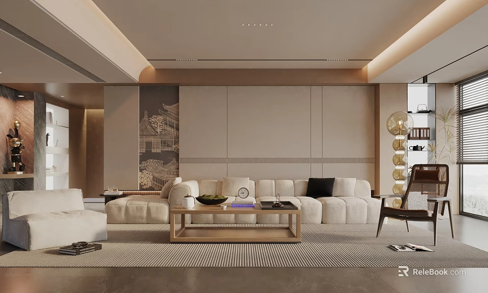Modern Living Room Interior With Comfortable Sofa Wooden Coffee Table And Decorative Wall Art 3d model 