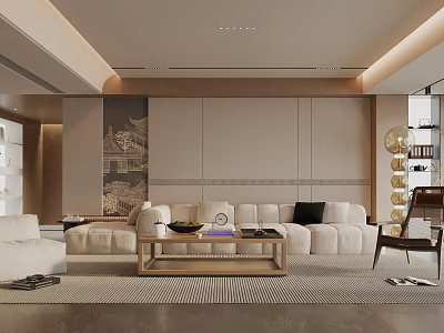 Modern Living Room Interior With Comfortable Sofa Wooden Coffee Table And Decorative Wall Art 3d model