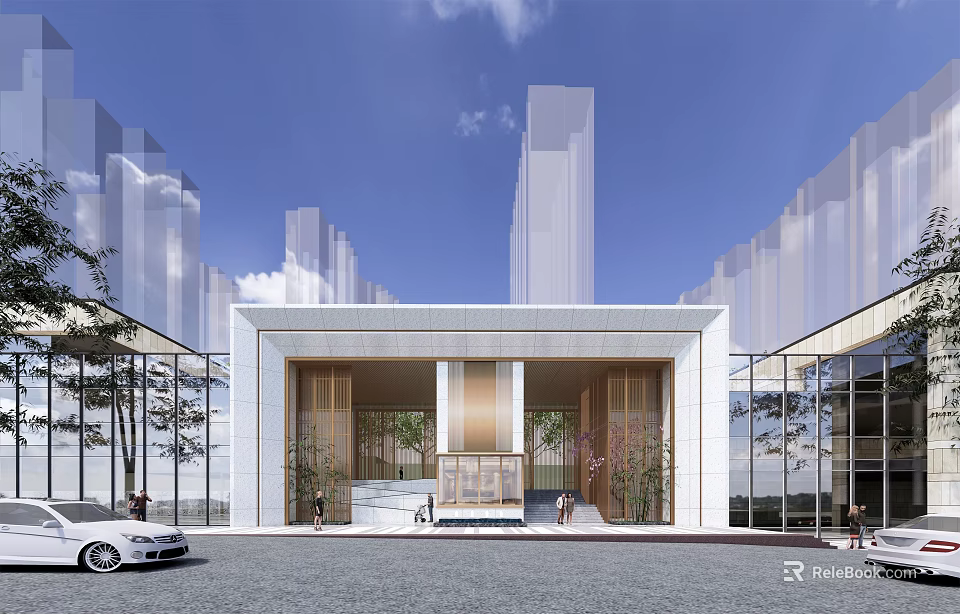 Elegant Modern Entrance Gate in Contemporary Architecture with White Exterior Wooden Elements and Green Plants 3d model 