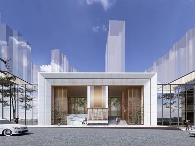 Elegant Modern Entrance Gate in Contemporary Architecture with White Exterior Wooden Elements and Green Plants 3d model