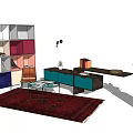 Modern Dark Wood TV Stand In Living Room With Red Rug Potted Plant And Books