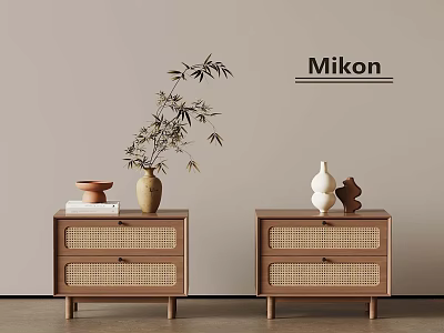 Mikon Wooden Nightstands With Rattan Drawers And Decorative Bamboo Plant 3d model