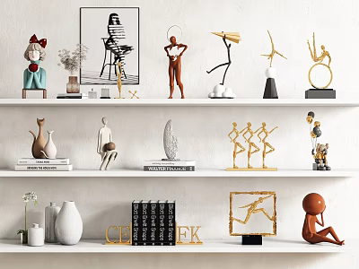 Decorative Ornament Sets With Sculptures Vases Books And Letter Decorations On Multi tiered Shelves 3d model